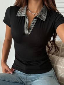 DAZY Women's Colorblock Patchwork Fitted Polo Collar Plaid Patchwork Short Sleeve Casual Vacation Street Style T-Shirt Summer - Khaki - View 4