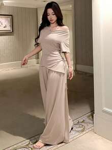 DAZY 迷人純色針織荷葉領收腰上衣與寬腿睡褲2件套女款居家服夏季 - 杏色 - 查看 5
