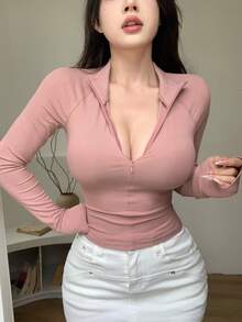 DAZY Camiseta de manga larga con media abertura y cuello de tortuga de unicolor para mujer, ropa de otoño - Rosa - Ver 7