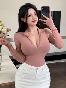DAZY Camiseta de manga larga con media abertura y cuello de tortuga de unicolor para mujer, ropa de otoño - Rosa - Ver 8