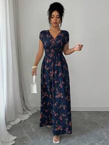 Elenzga Spring/Summer V-Neck Floral Print Pleated Dress - Navy Blue - View 4