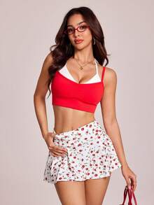 SHEIN Sovereign Charm 女士时尚优雅小玫瑰印花设计薄纱衬裙，V领运动裙裤 - 紅白色 - 查看 7