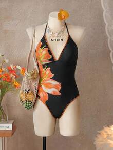 Swim Vcay 26SS 春夏海灘度假花卉拼色波浪邊掛脖式一件式黑色熱帶風情泳衣 - 彩色 - 查看 9