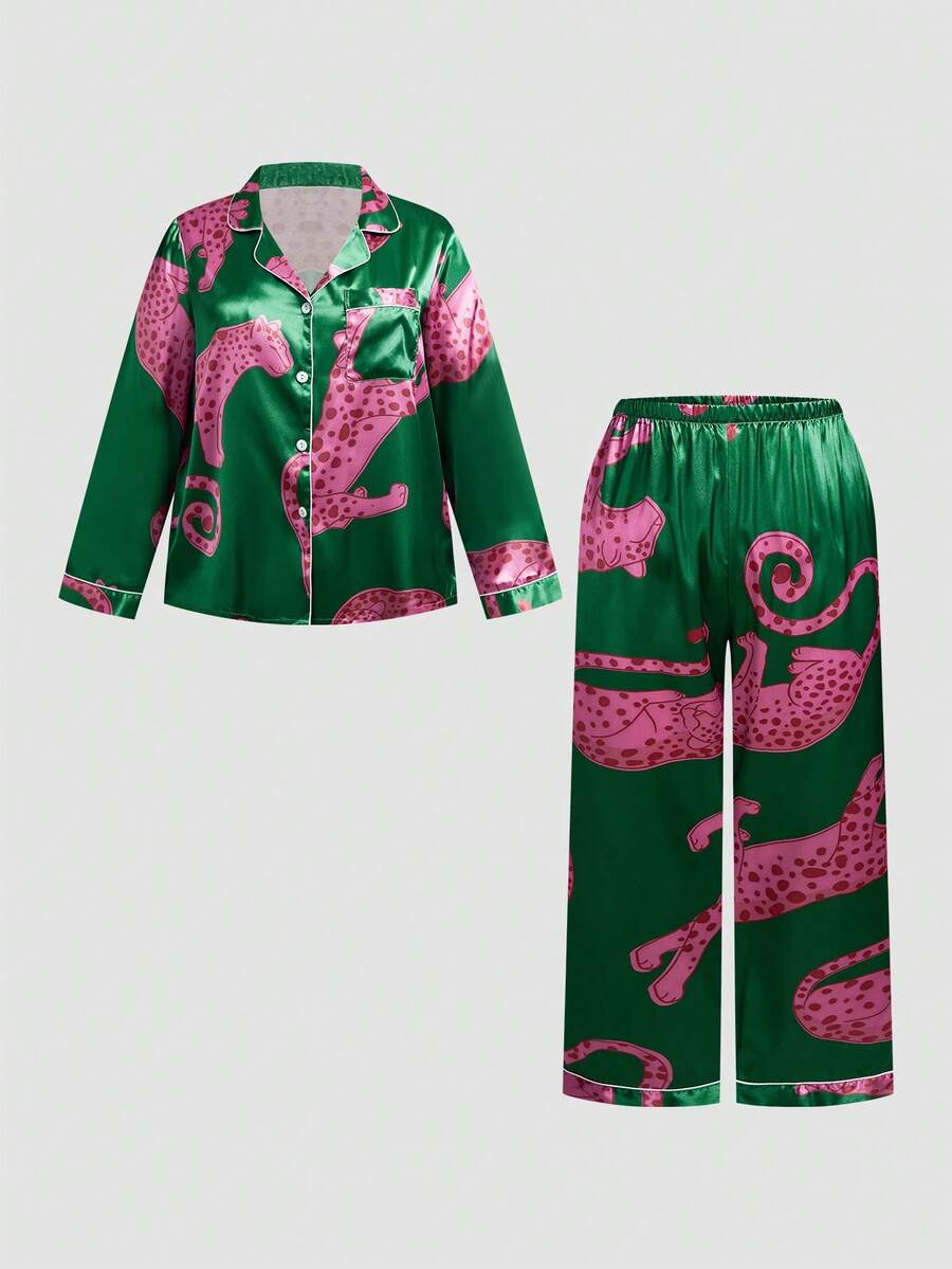 Chillnights Plus Size Leopard Animal Print Lapel Collar Women Satin Pajama Set - Multicolor - View 1