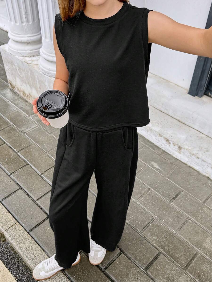 SHEIN 青少年女孩度假休閒時尚圓領寬鬆無袖上衣與直筒長褲套裝,純色針織套裝 - 黑色 - 查看 1