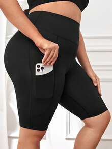 SHEIN Velisys Pantalones cortos de yoga ajustados de unicolor para mujer de talla grande - Negro - Ver 7