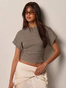 COSMINA Women's Striped Fitted Casual Daily T-Shirt,Summer Top - Brown - View 4