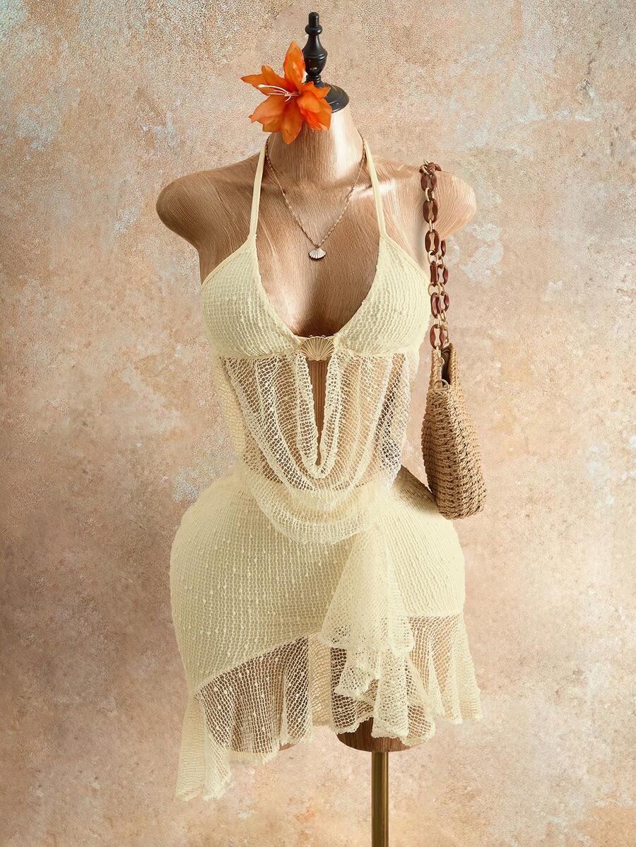 Mistrie 2026 Spring/Summer Sexy Large Mesh Beach Vacation Concert Date Shell Metal Buckle Ruffle Trim Tank Top Skirt 2-Piece Set For Women White - Apricot - View 1