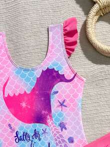 Girls Cute Egg Tart Skirt Multi-Layer Tulle Ruffle Mermaid Print One-Piece Swimsuit - Pink - View 3