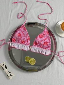 Swim Vcay 女款夏季海灘掛脖花卉印花荷葉邊百褶泳衣上衣 - 彩色 - 查看 2