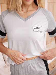 Doze Lane Contrast Color Patchwork V-Neck Women Casual Short Sleeve Shorts Pajama Set - Multicolor - View 4