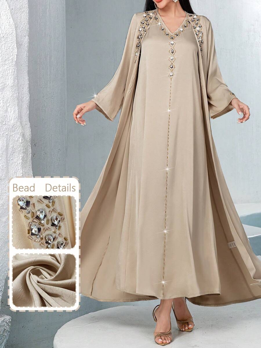 Layrah Conjunto de 2 piezas de abaya de lujo con diamantes y brillo, color café, hecho a mano - Albaricoque - Ver 1
