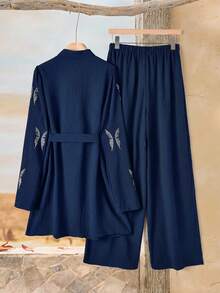 Rusticease Women's Button Belt Rhinestone Elegant Long Sleeve Two Pieces Set - Navy Blue - View 2