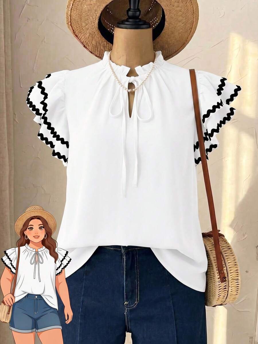 EMERY ROSE Plus Size Casual Elegant Contrast Color Short Flutter Sleeve Shirt Vacation White Summer - White - View 1