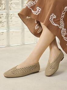 MOTF WOMEN HOLLOW OUT SQUARE TOE FLATS SPRING SHOES - rice apricot - View 2