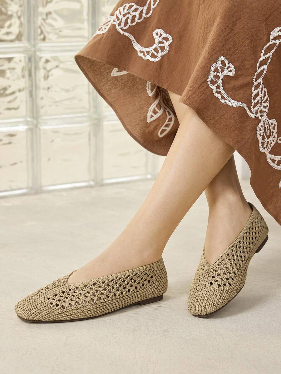 MOTF WOMEN HOLLOW OUT SQUARE TOE FLATS SPRING SHOES - rice apricot - View 2