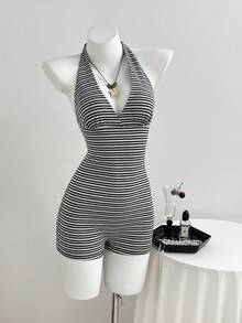 SHEIN Unity 夏季性感條紋貼身掛脖綁帶針織連身褲女款 - 黑與白 - 查看 3