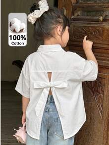 SHEIN LMoss Kids 少女編織素色休閒襯衫 - 白色 - 查看 3