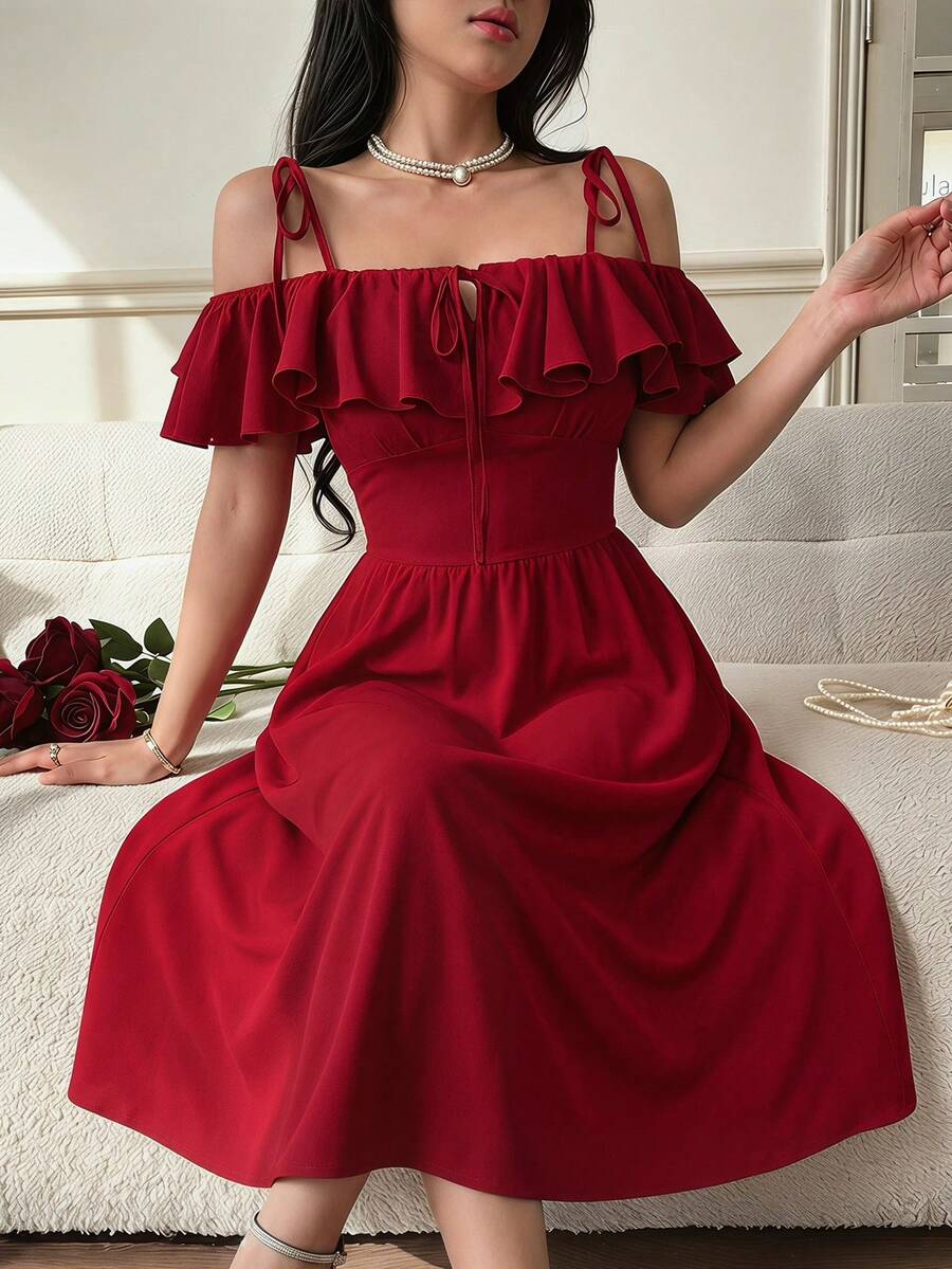 Feyla Elegant Ruffle Trim Women Dress Wedings Burgundy Red Summer - Red - View 1