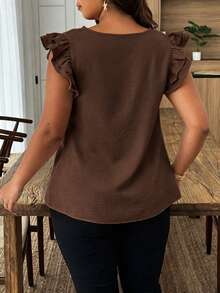 Weeklong Plus Size Women Bowknot Faux Linen Cap Sleeve Blouse - Mocha Brown - View 2