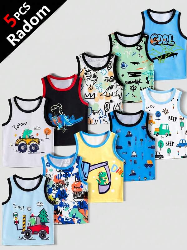 SHEIN Random 5 Pieces Young Boy Lingerie, Young Boy Excavator Dinosaur Print Multicolor Comfortable Casual Sleeveless Tank Top Underwear, Simple Design Style Makes It Easy To Match, Stretchy, And Breathable Knit Fabric, Machine Washable, Comfortable Fit, And Easy Care (5 Pieces Are Sold Separately)