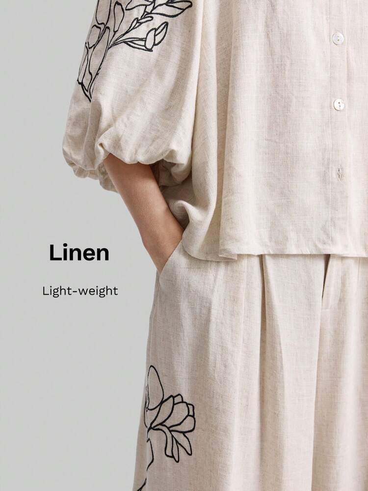 2026 Spring/Summer Women's 2-Piece Set, Apricot Color Slimming Floral Print Lantern Sleeve Shirt And Pocket Wide Leg Pants, Casual Urban Minimalist Fashion Suitable For Beach, Birthday Party, Teacher's Day, Island Vacation, Independence Day, Graduation, Office, With Embroidery Design