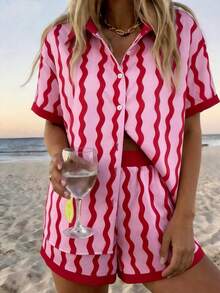 Vaclyn Women's Wavy Striped Short Sleeve Single-Breasted Top And Elastic Waist Shorts Set - Red - View 4
