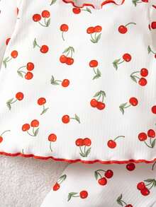 Conjunto de pijama de 2 piezas para recién nacido con patrón de dibujos animados lindo, cuello redondo con volantes, manga corta, tejido de punto, ajuste cómodo (Dos piezas) - Rojo - Ver 5