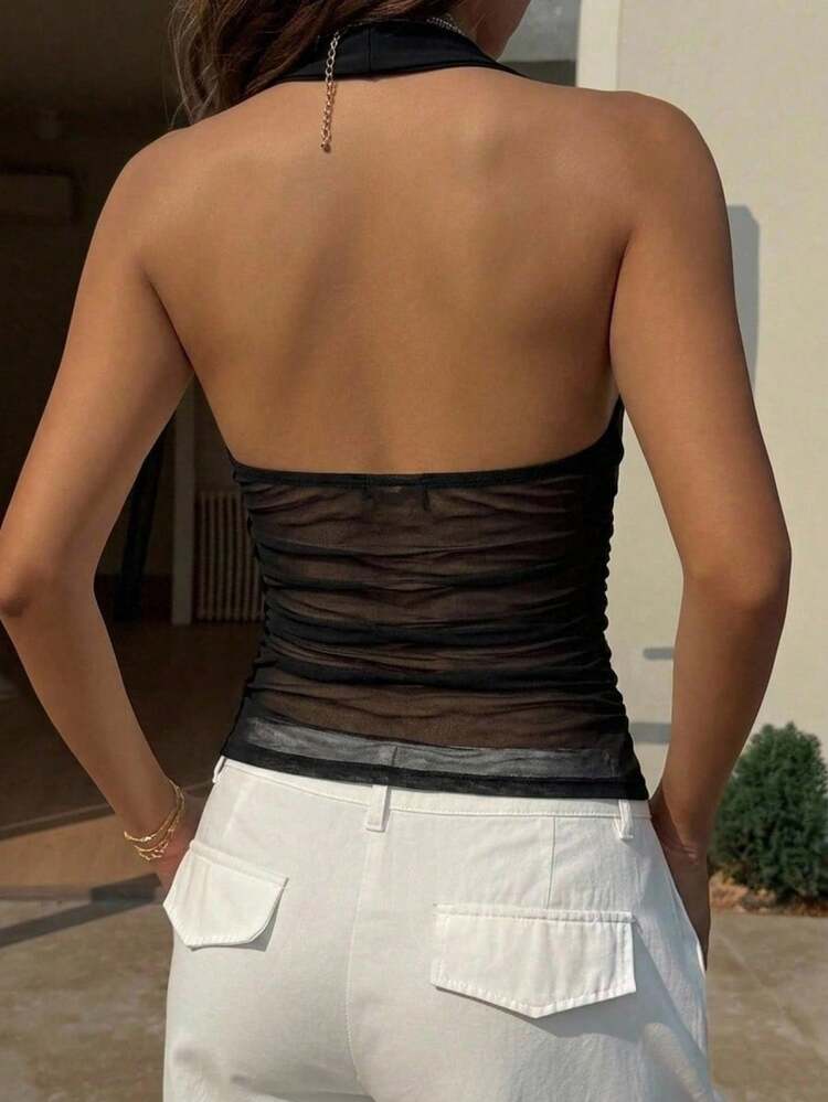 Solid Color Fitted Halter Neck Backless Sexy Vacation Summer Top Women's Tank Top