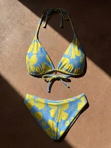 Anewsta 女士夏季沙滩印花露背系带性感比基尼和三角泳裤套装 - 彩色 - 查看 4