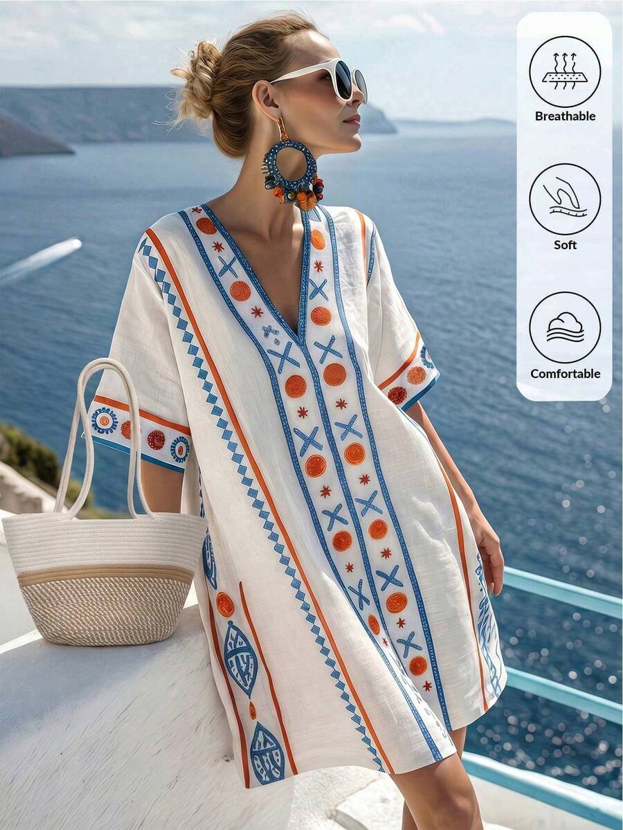 Isle Nomé 女士V领几何印花休闲度假短裙 - 彩色 - 查看 1