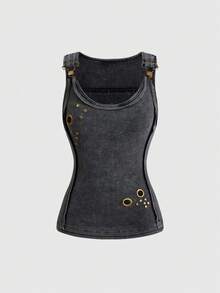ROMWE Grunge Punk Punk Buckle Eyelet Studded Street Style Grunge Boho Vacation Sleeveless Solid Color Knit Washed Women's Tank Top Night Out Dark Grey Summer - Grey - View 1