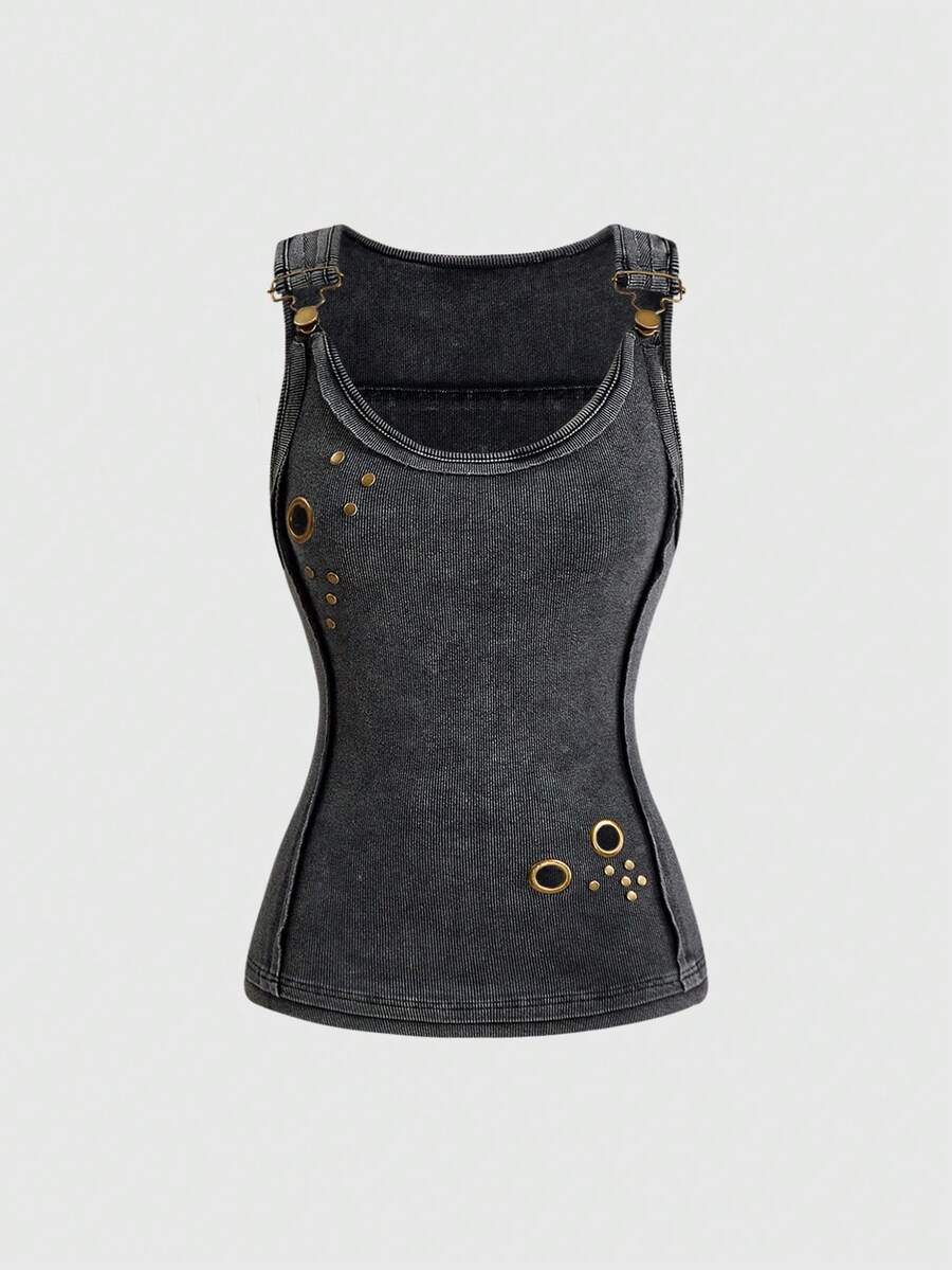 ROMWE Grunge Punk Punk Buckle Eyelet Studded Street Style Grunge Boho Vacation Sleeveless Solid Color Knit Washed Women's Tank Top Night Out Dark Grey Summer - Grey - View 1
