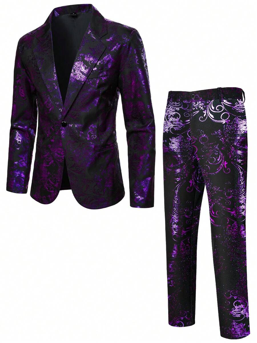 Manfinity AFTRDRK Elegant Fashion Men's Floral Pattern Long Sleeve Jacket And Pants Suit Set - Purple - View 1