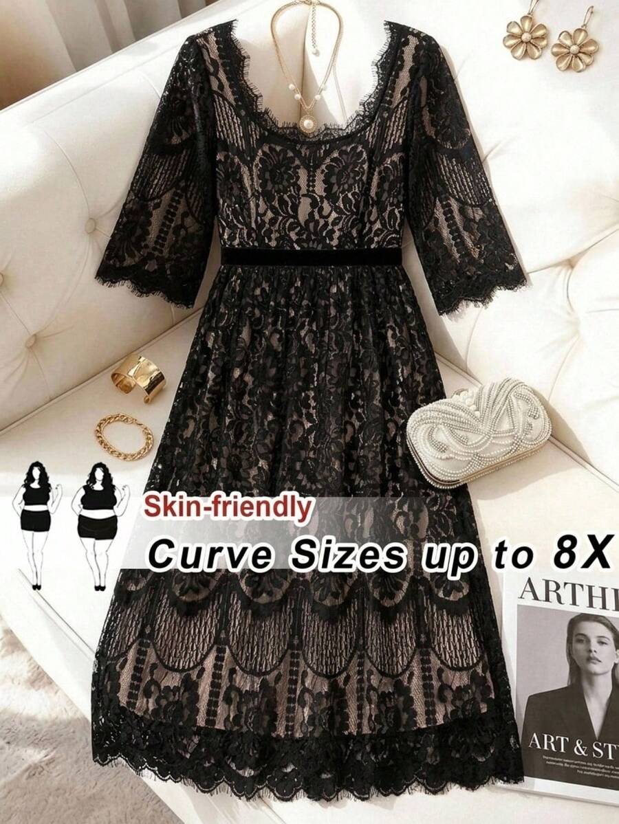 SHEIN CURVE+ 大码女士浪漫优雅长裙,黑色方领荷叶边蕾丝,收腰设计,适合派对、婚礼宾客、生日派对、正式场合、新娘母亲礼服等,优雅婚礼宾客礼服,2026新款大码黑色蕾丝优雅连衣裙,大码晚礼服,大码正式礼服 - 黑色 - 查看 1
