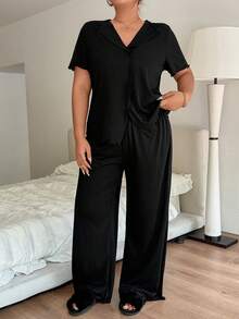 SHEIN Napfluff CURVE Plus Size Women V-Neck Ruffled Front Split Design Soft Draping Knit Fabric Short Sleeve Top And Pants Set, Casual Minimalist Loungewear Suitable For Everyday Wear - Black - View 7