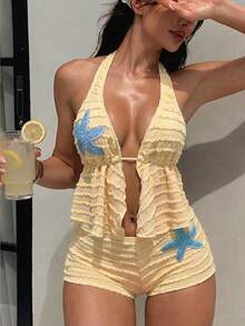 Swim SXY Conjunto de tankini de traje de baño con decoración de estrella de mar, lazo y moño en la parte superior para mujer, de tela especial y estilo casual y dulce - Beis - Ver 1