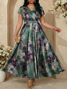 Fleurora 大码女士优雅印花连衣裙，夏季婚礼宾客礼服 - 綠色 - 查看 4