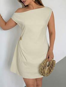 Auralis Plus Size Women's One Shoulder Side Waist Metal Decor Fashion Elegant Dress None, Wedding Guest Beige Summer - Beige - View 7