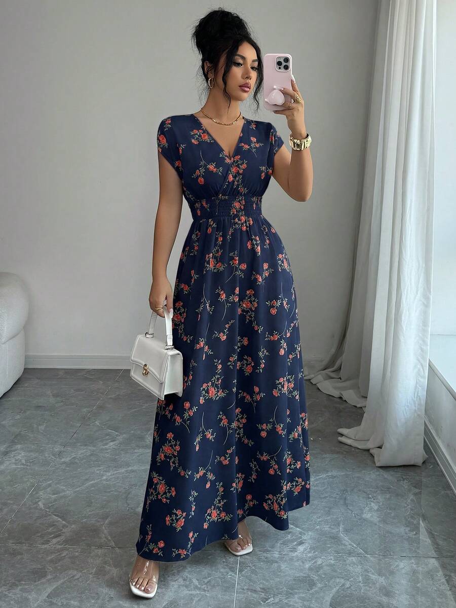 Elenzga Spring/Summer V-Neck Floral Print Pleated Dress - Navy Blue - View 1