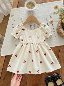 SHEIN Newborn Baby Girl Casual Cute Cherry Print Short Sleeve Dress - Multicolor - View 7