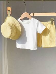 SHEIN 中性嬰幼兒男童女童幼童男童 3件/套 春夏可愛檸檬條紋圖案短袖T恤上衣、短褲和帽子套裝，多件裝，春夏嬰兒男童服裝套裝，嬰兒男童短袖上衣 - 黃色 - 查看 5