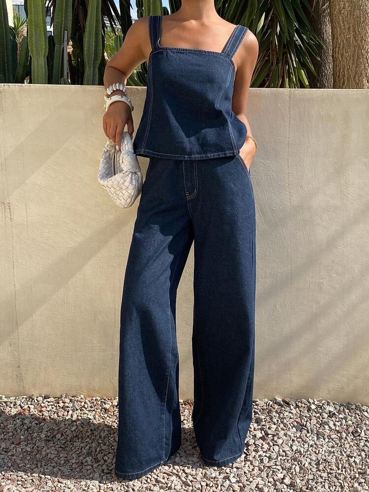 Women's Solid Color Cropped Tank Top And Wide Leg Pants Casual Vacation Summer Denim Set