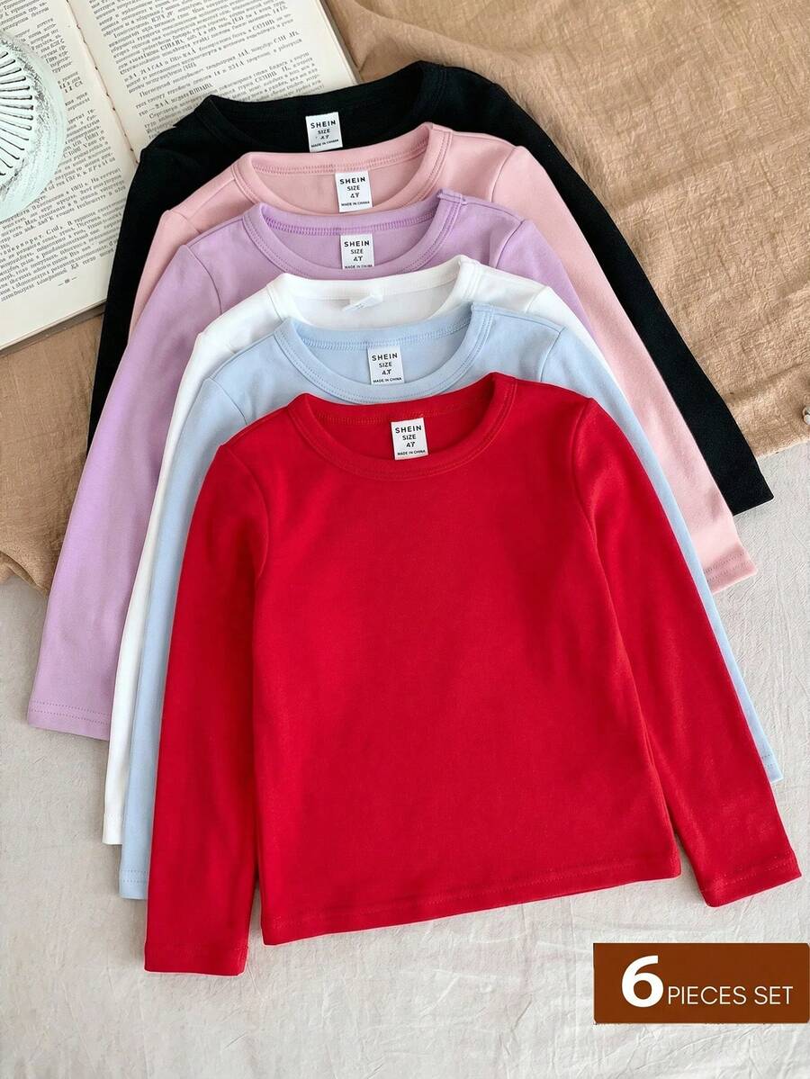 LMoss Kids Conjunto de 6 piezas de camiseta casual de punto de unicolor con cuello redondo para niña joven - Multicolor - Ver 1