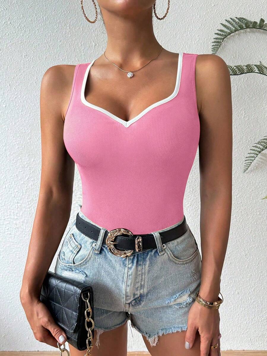 Chiquease Contrast Color Heart Collar Sleeveless Fitted Tank Top Golf White Summer Sexy - Pink - View 1