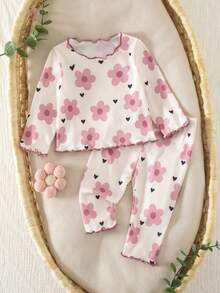 2 Piezas SHEIN Conjunto de Pijama de Recién Nacido con Patrón de Dibujos Animados Lindos, Cuello Redondo con Volantes, Manga Corta, Tejido Cómodo y Ajuste Cómodo (Dos Piezas) - Rosa Pálido - Ver 4