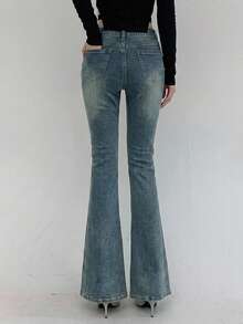 Joudiya Solid Slit Hem Flare Leg Jeans - Blue - View 10