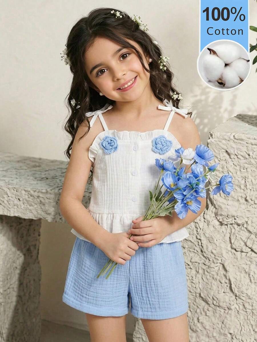 SHEIN Bộ 2 món cho bé gái: Áo hai dây cổ bèo và quần short hoa xanh, trang phục mùa hè dễ thương, giản dị kiểu đồng quê. - Màu xanh lam - Xem 1