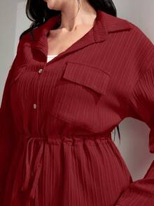 Graceveil Flap Pocket Drawstring Waist Shirt & Wide Leg Pants 2 Pieces Set Modest - Burgundy - View 3