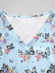 PopScrub Setelan Kerja Wanita 2 Potong Atasan Lengan Pendek Leher V Warna Putih Motif Kupu-kupu & Bunga dengan Desain Saku dan Celana Panjang Lurus, Seragam Perawat Musim Semi/Panas, Setelan Celana Kasual, Setelan Seragam - MultiWarna - View 3
